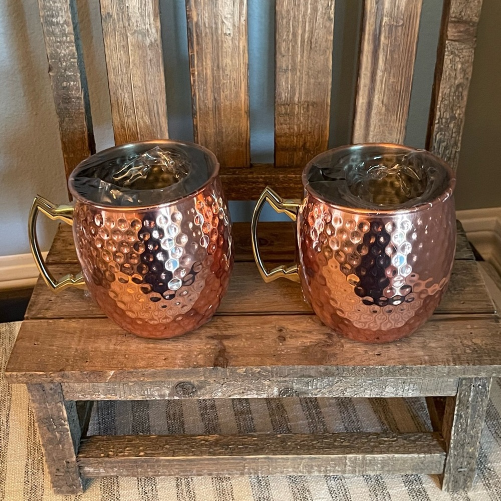 NEW - Hammered Copper Mugs with Gold Handles - Moscow Mule - Set of 2